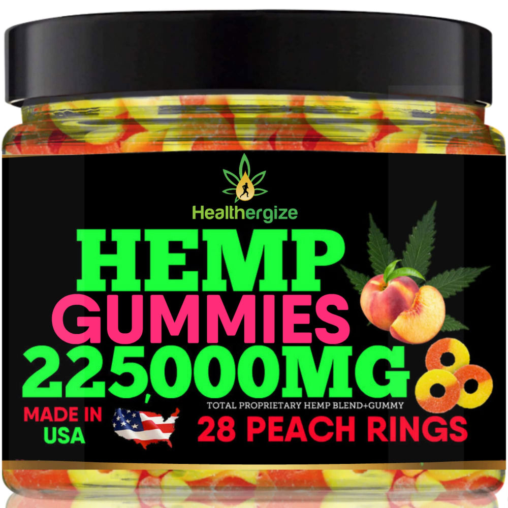 Healthergize peach rings gummy bears closeup with tangy peach flavor for daily calm.