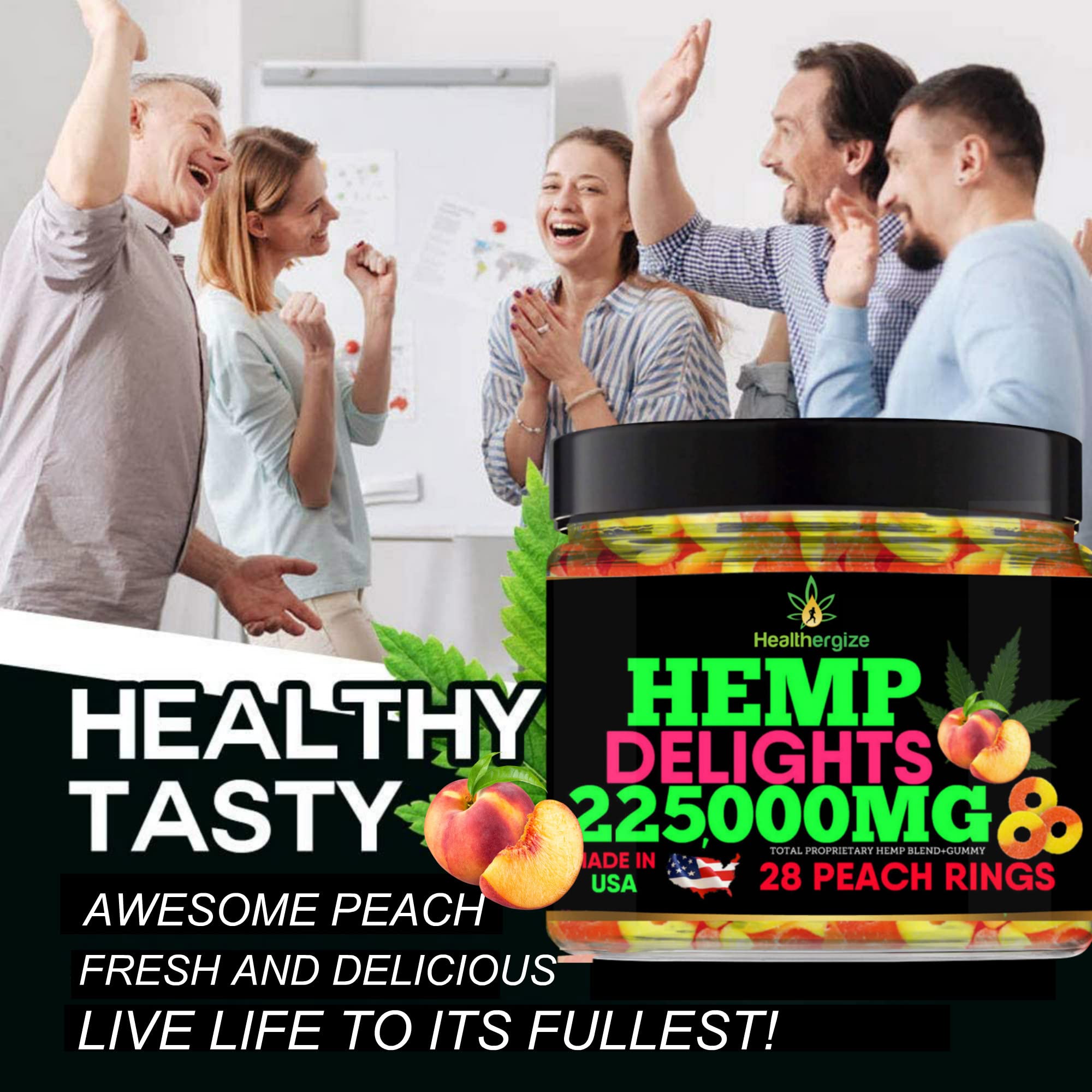 Healthergize peach rings closeup gummy texture for easy chewing and enjoyable experience.