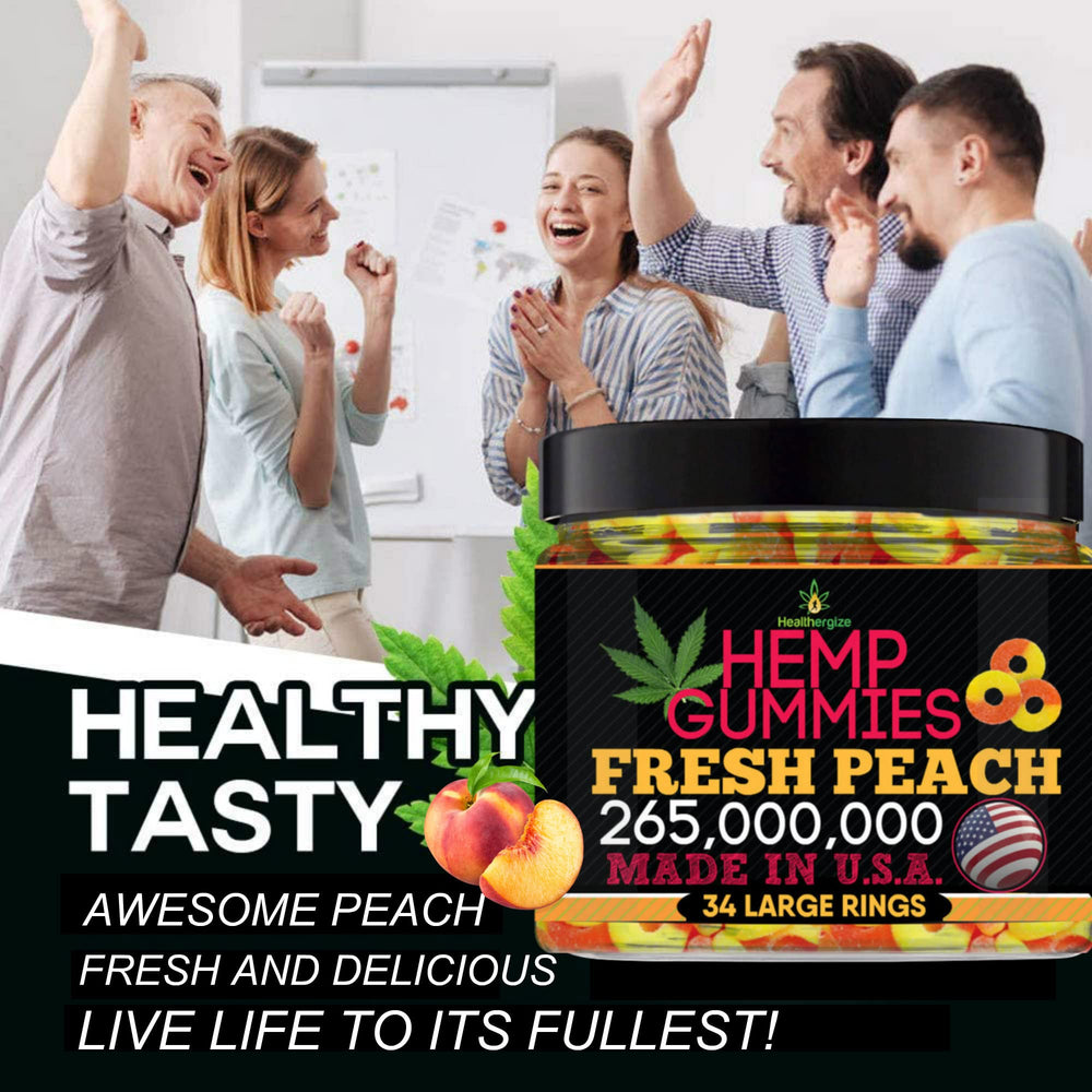 Healthergize gummies close-up with hemp oil infusion details.