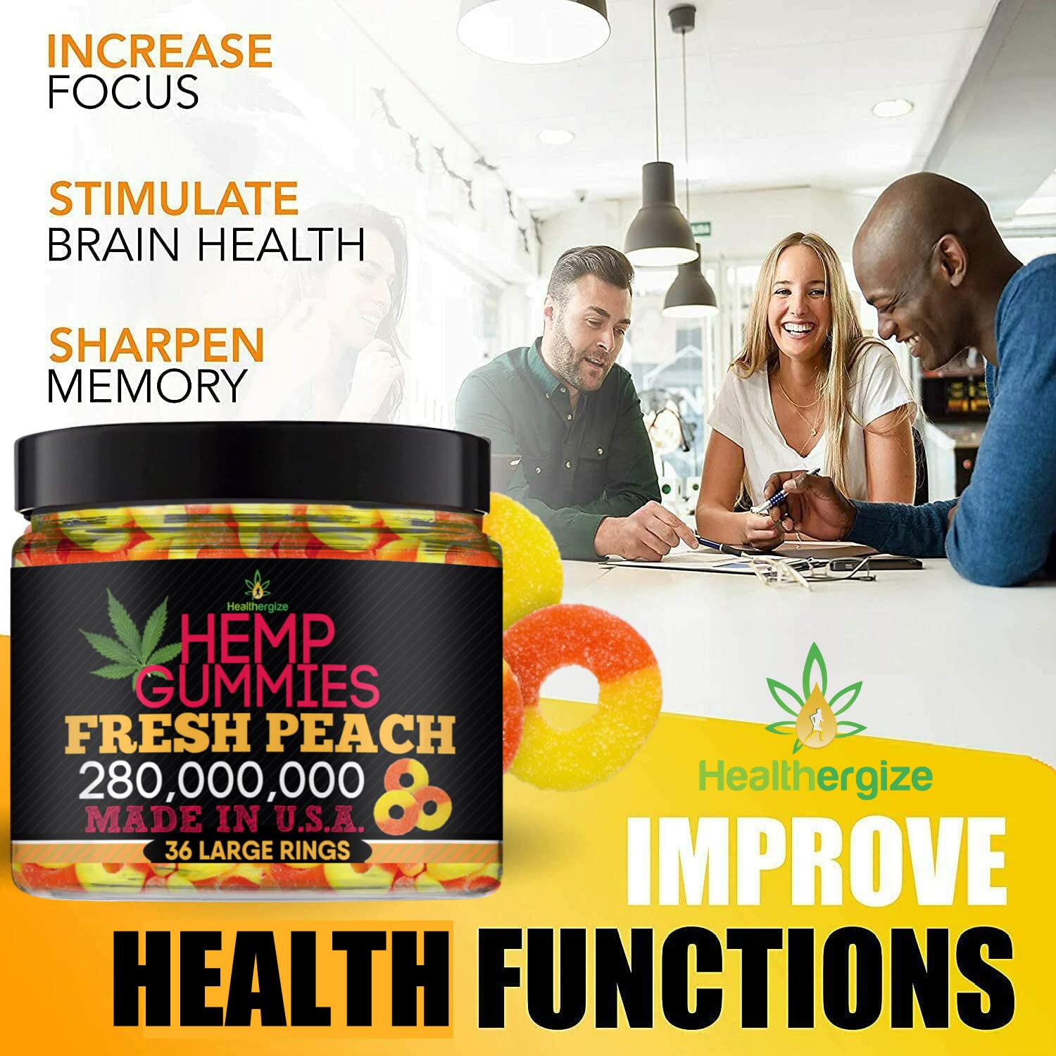Healthergize us-made label emphasizes premium ingredients and quality control.