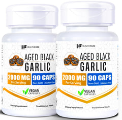 Healthfare aged black garlic supplement bottle shows 2000mg equivalent potency