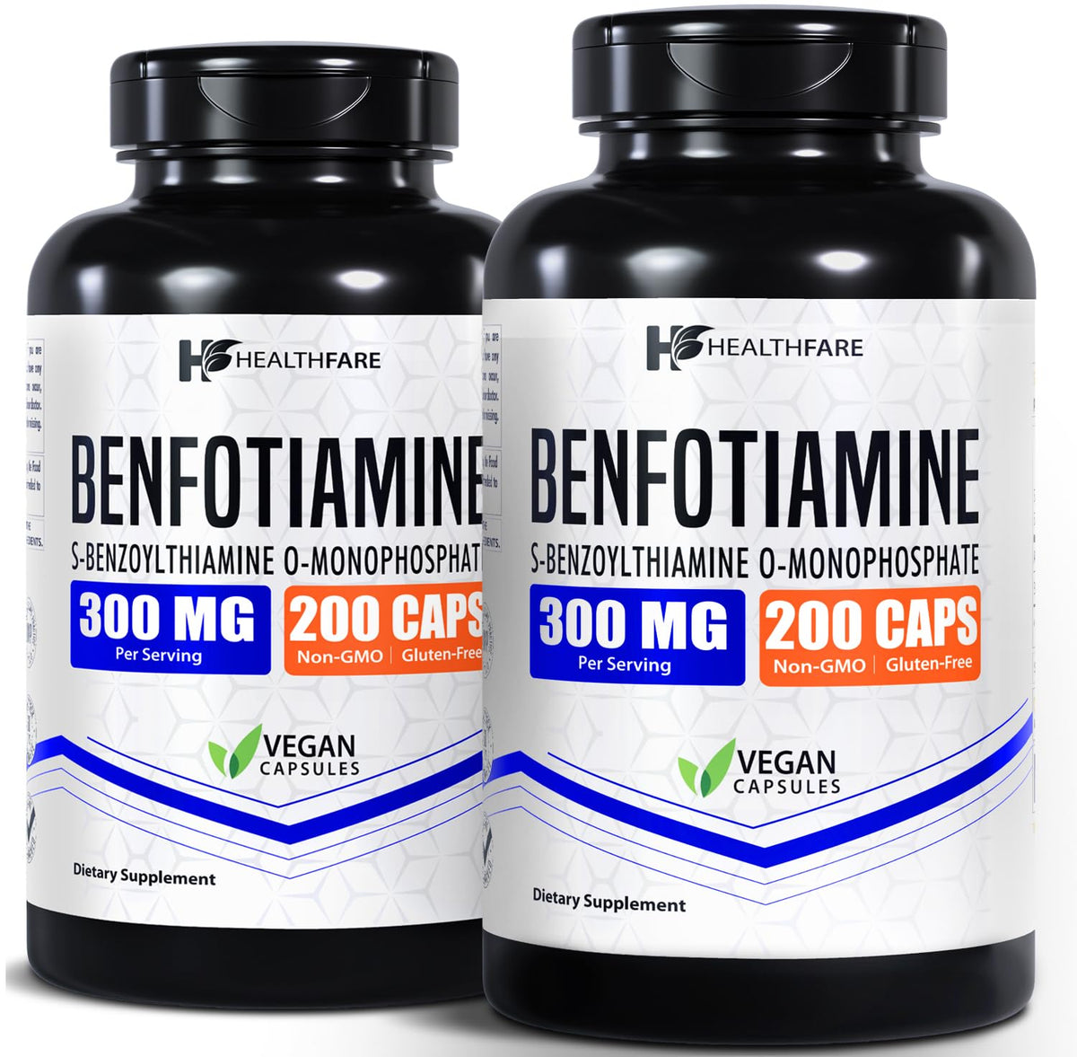 Healthfare Benfotiamine 300mg bottle front view suggesting a two-pack option for daily wellness