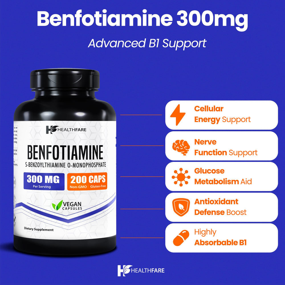Healthfare Benfotiamine 300mg bottle label highlighting gluten-free and non-GMO features