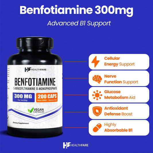 Healthfare Benfotiamine 300mg bottle label highlighting gluten-free and non-GMO features