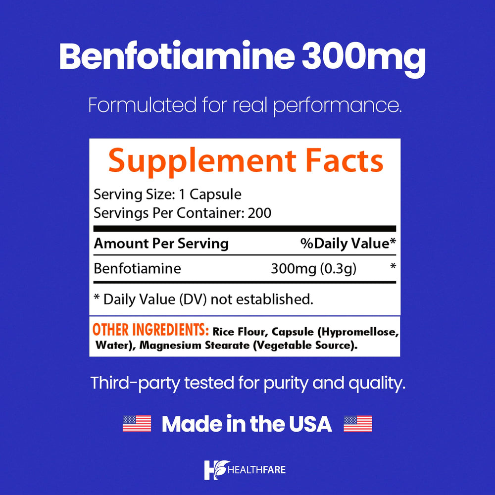 Healthfare Benfotiamine capsules closeup showing the highly absorbable form