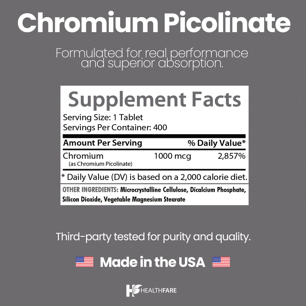 HealthFare Chromium Picolinate 1000mcg pack of two bottles emphasizes value.