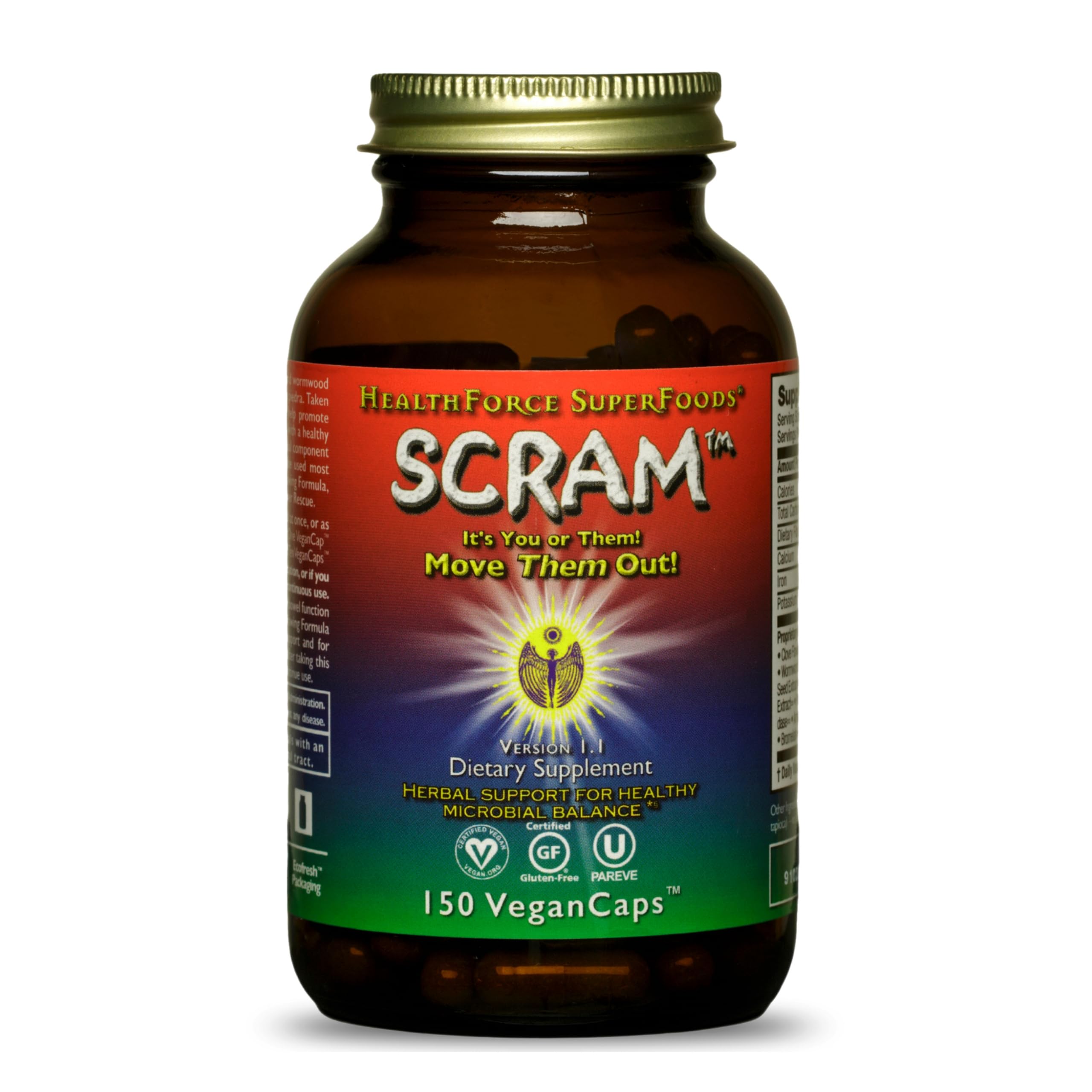 HealthForce Scram bottle front view highlighting herbal digestion support.