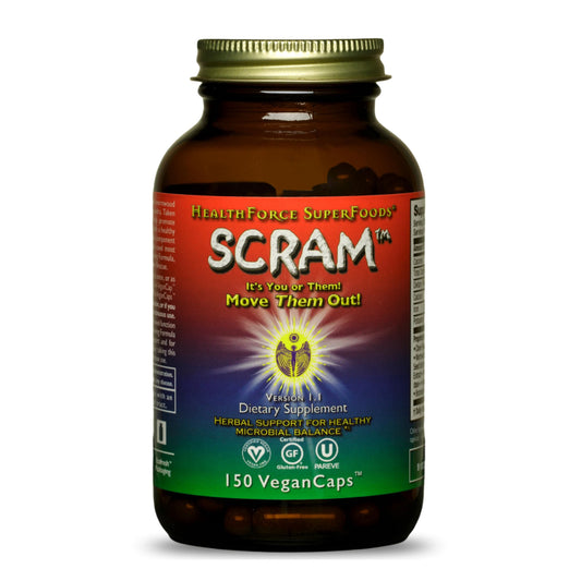 HealthForce Scram bottle front view highlighting herbal digestion support.