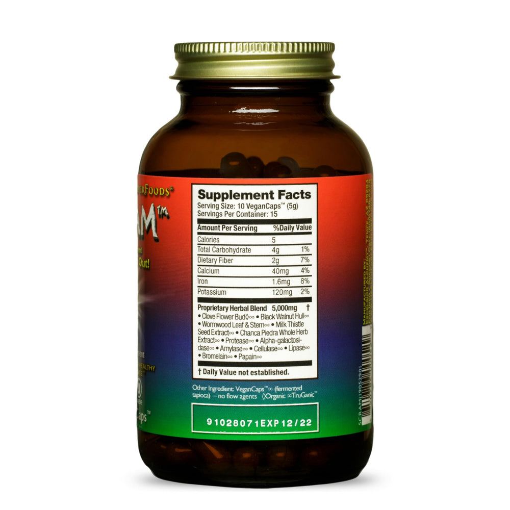 HealthForce Scram bottle label close-up showing vegan and natural liver-friendly herbs.