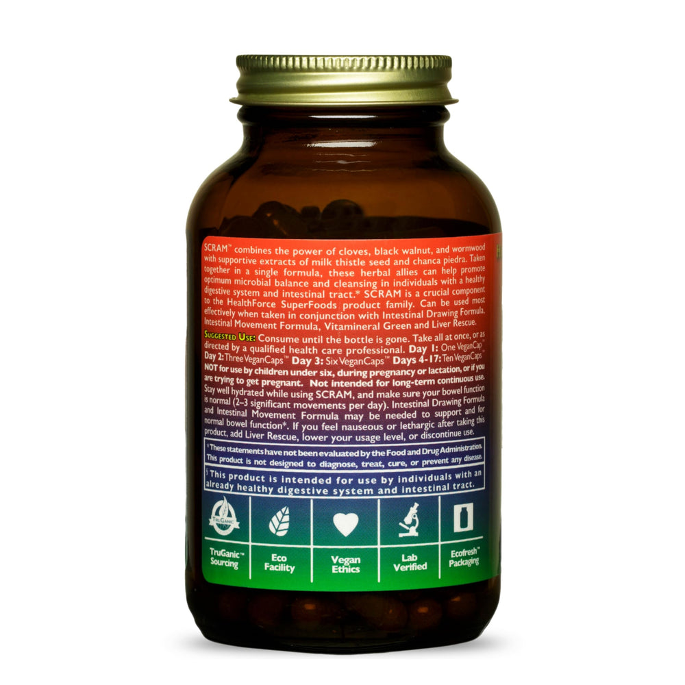 HealthForce Scram capsules pour demonstrating dosage guidance for daily routine.