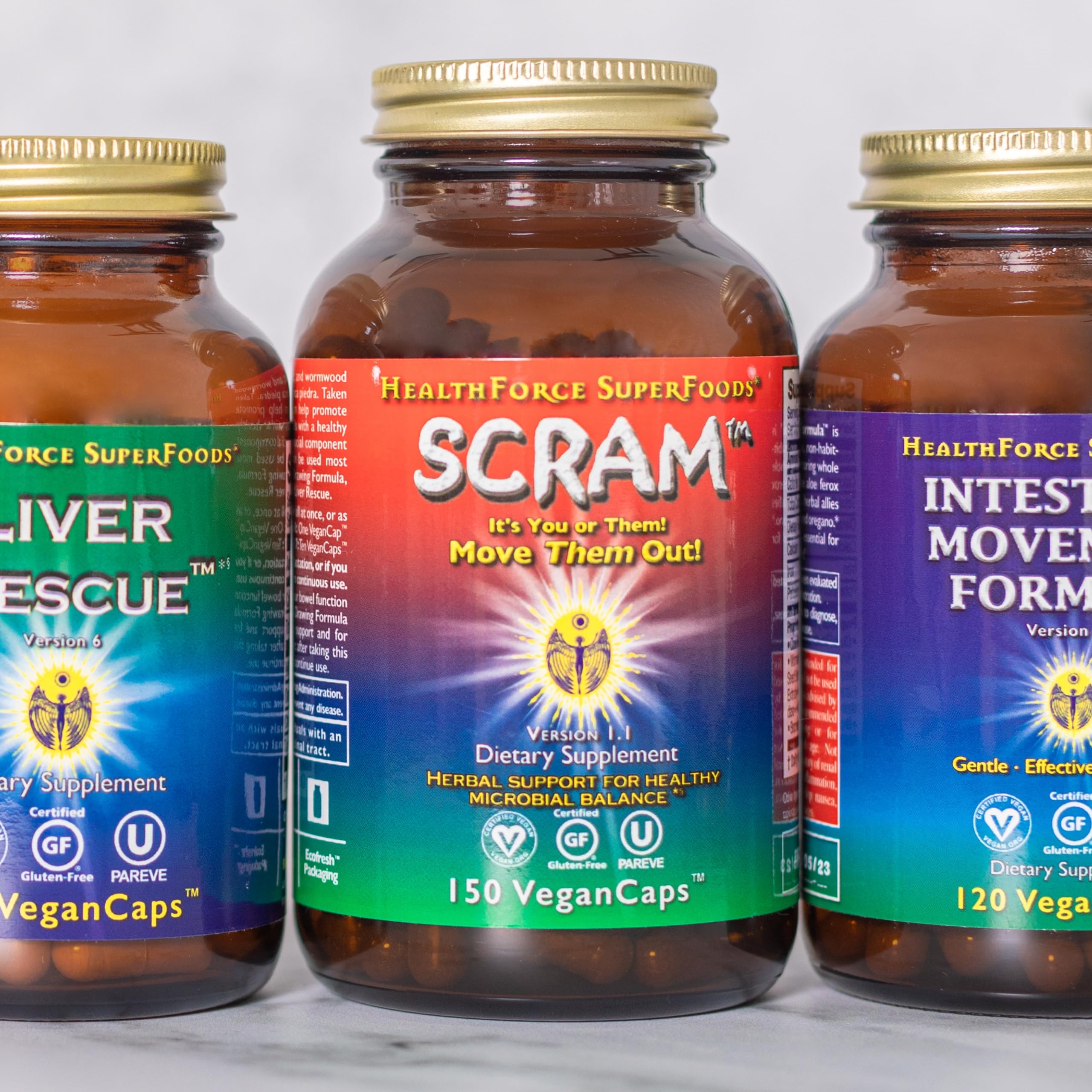 HealthForce Scram vegan certification symbol on packaging for gluten-free promise.