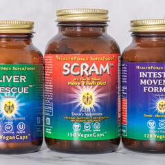 HealthForce Scram vegan certification symbol on packaging for gluten-free promise.