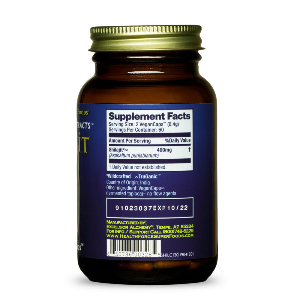 Close-up of HealthForce Shilajit capsules for convenient daily use.