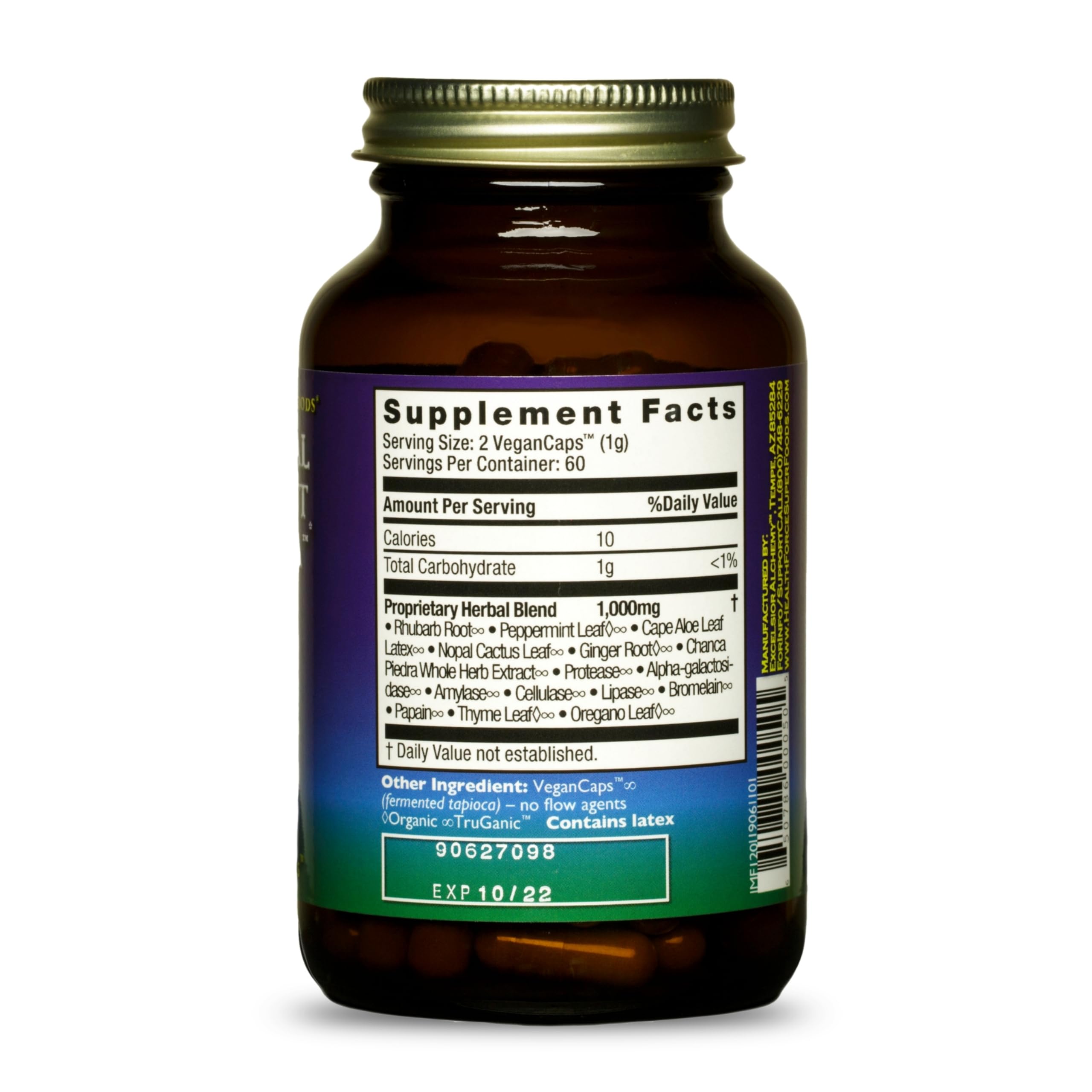 HealthForce SuperFoods herbal blend capsules closeup highlighting plant-based laxative support.