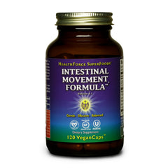 HealthForce SuperFoods Intestinal Movement Formula bottle promotes herbal support for digestive regularity.