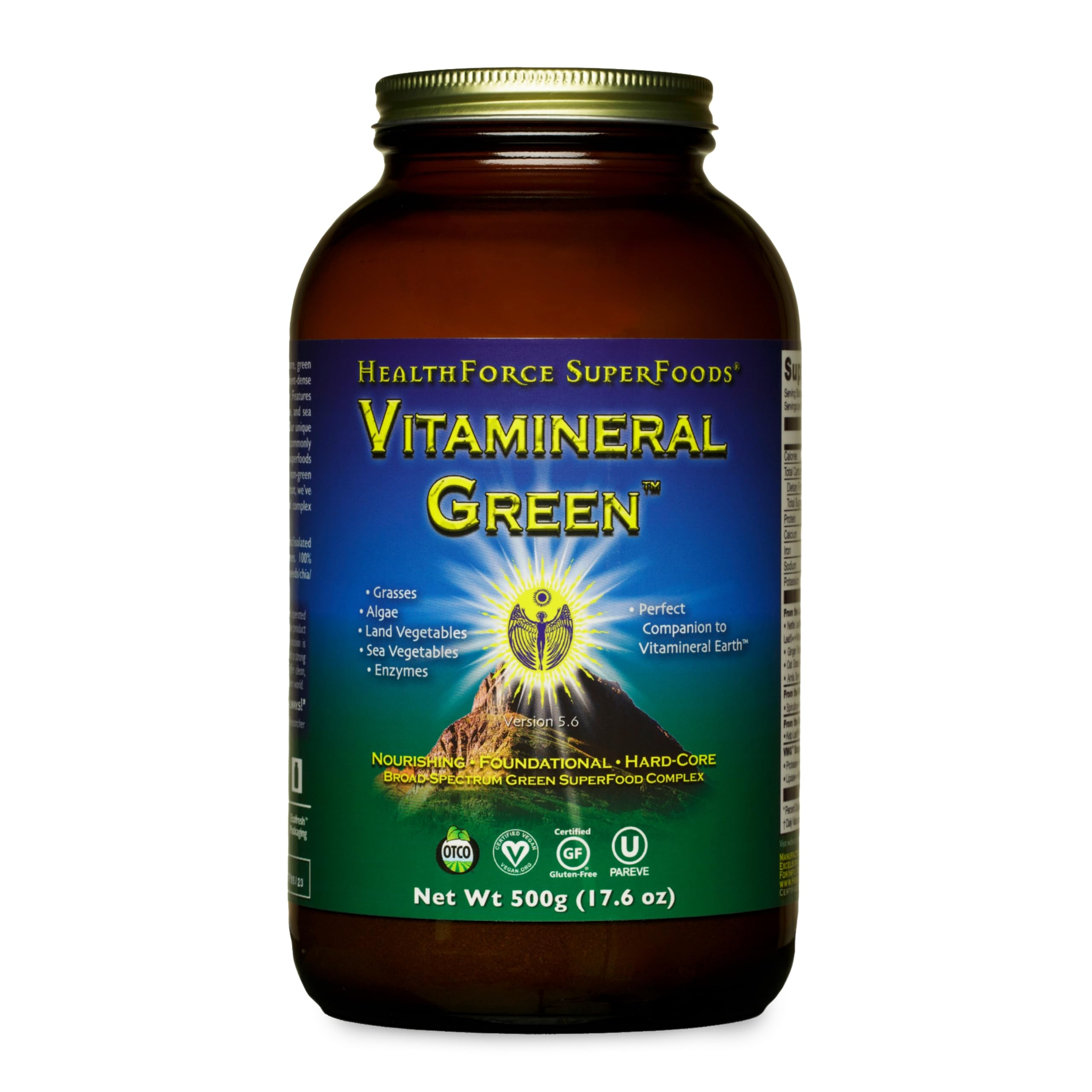 HEALTHFORCE Vitamineral Green bottle front with vibrant greens powder for daily vitality.