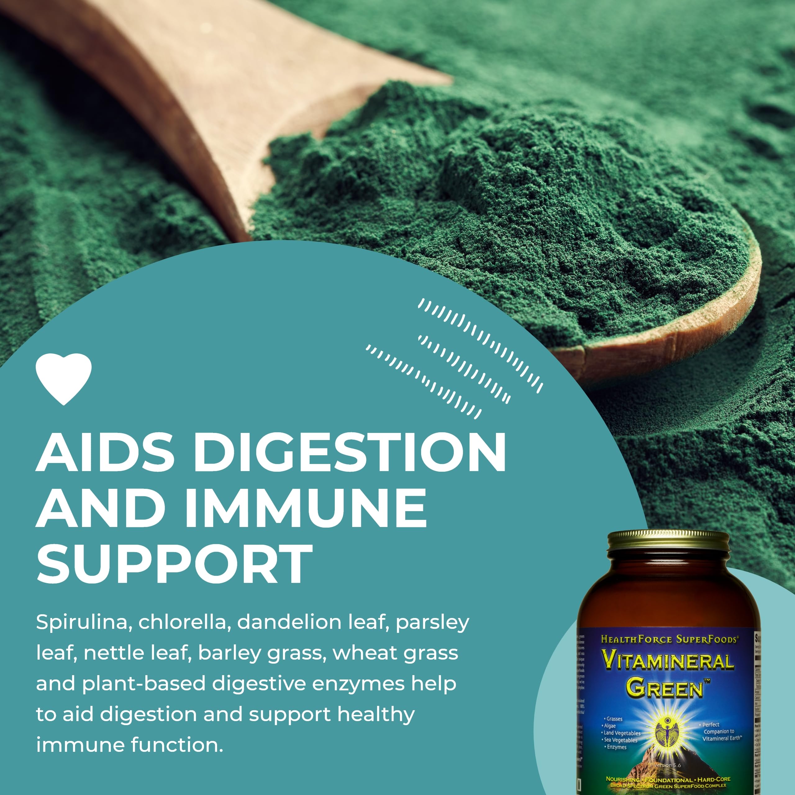 Ingredients spread featuring nettles, moringa, barley grass and chlorella in Vitamineral Green.
