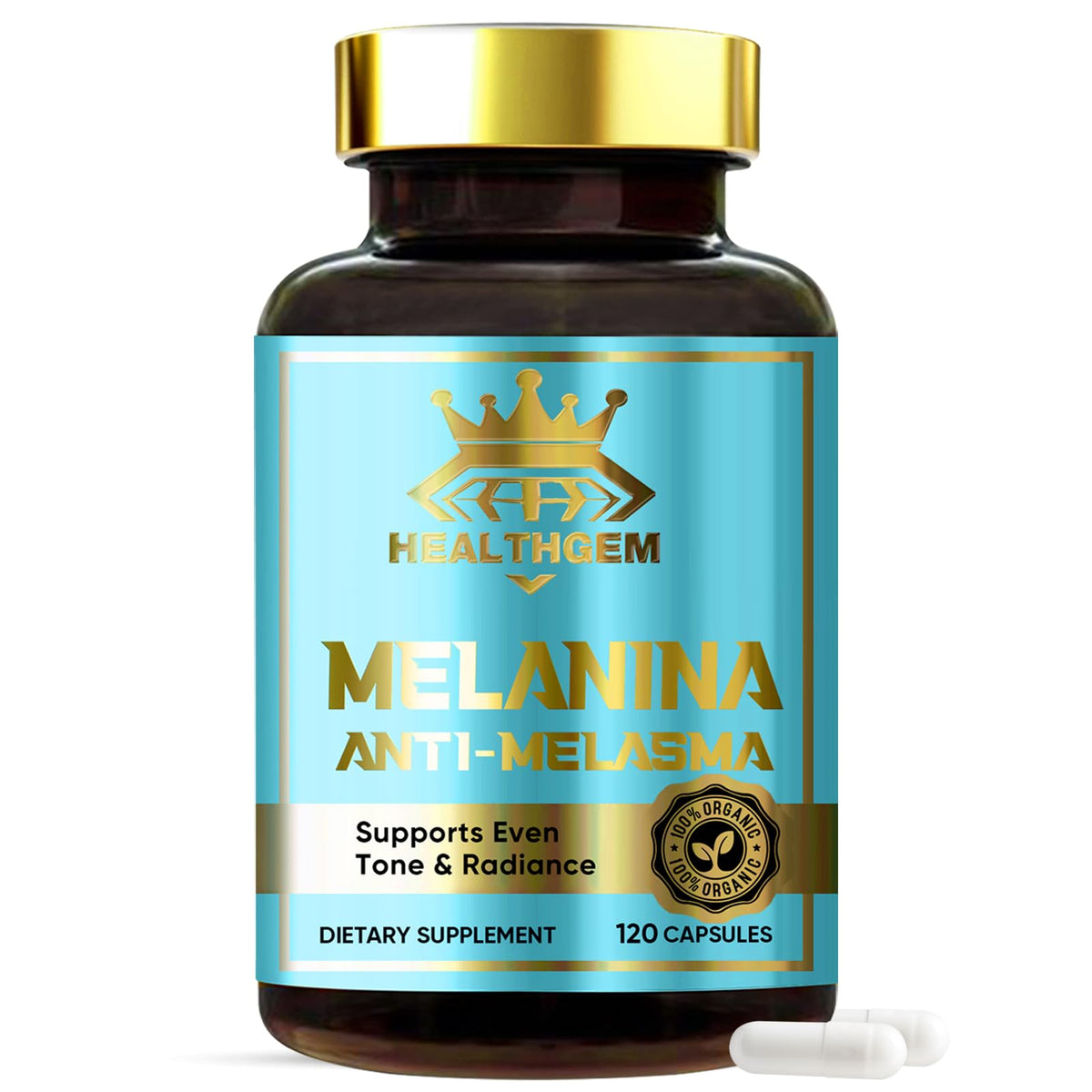 HEALTHGEM Melanina capsules bottle showing a radiant skin-support routine