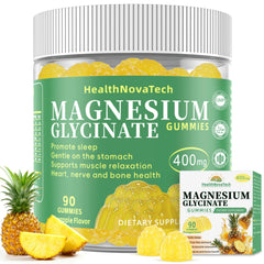 HealthNovaTech Magnesium Glycinate Gummies bottle in pineapple flavor for restful nights.