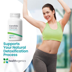 Healthogenics Candida Cleanse bottle with supplement facts insert visible