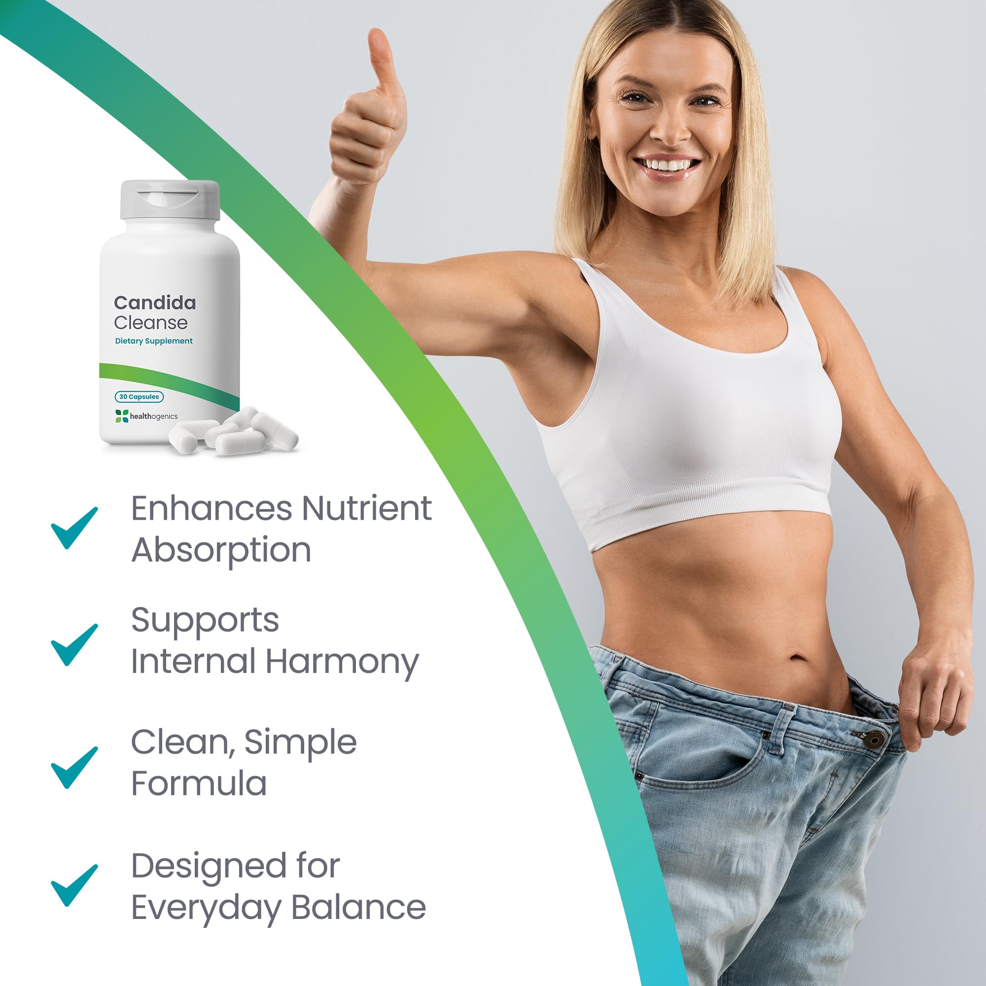Healthogenics Candida Cleanse packaging beside bottle on countertop