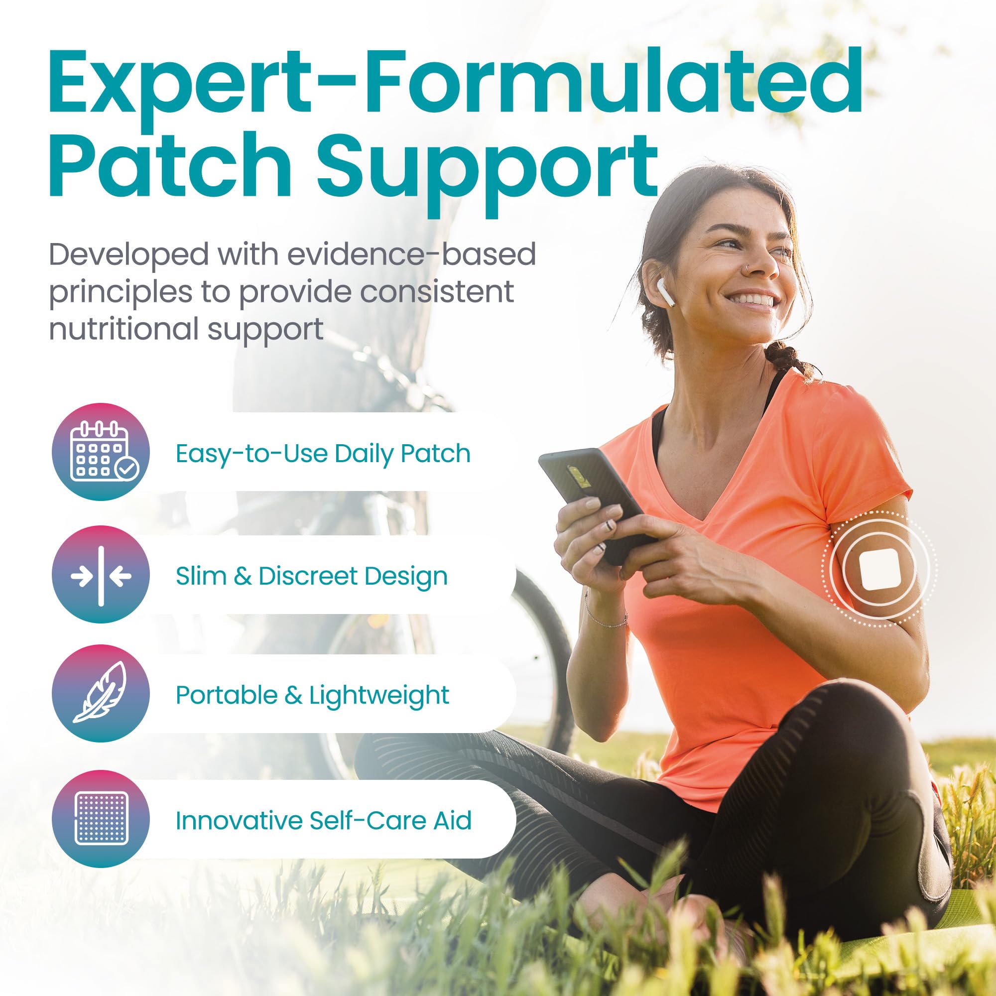 Healthogenics Debloat Patch closeup reveals a transparent strip with botanicals for daily support