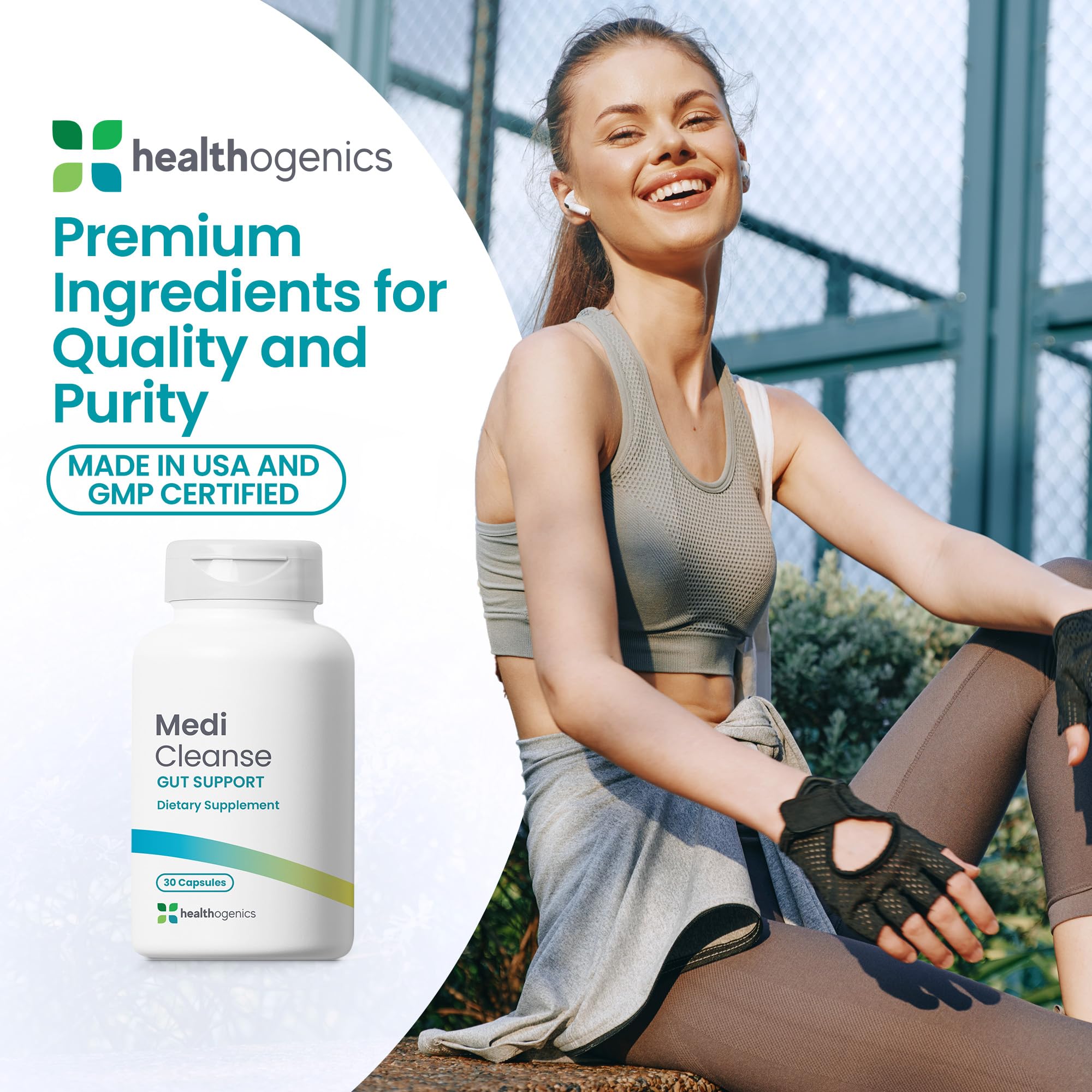 Lifestyle scene with Healthogenics Medi Cleanse bottle shows easy daily intake for consistent support.