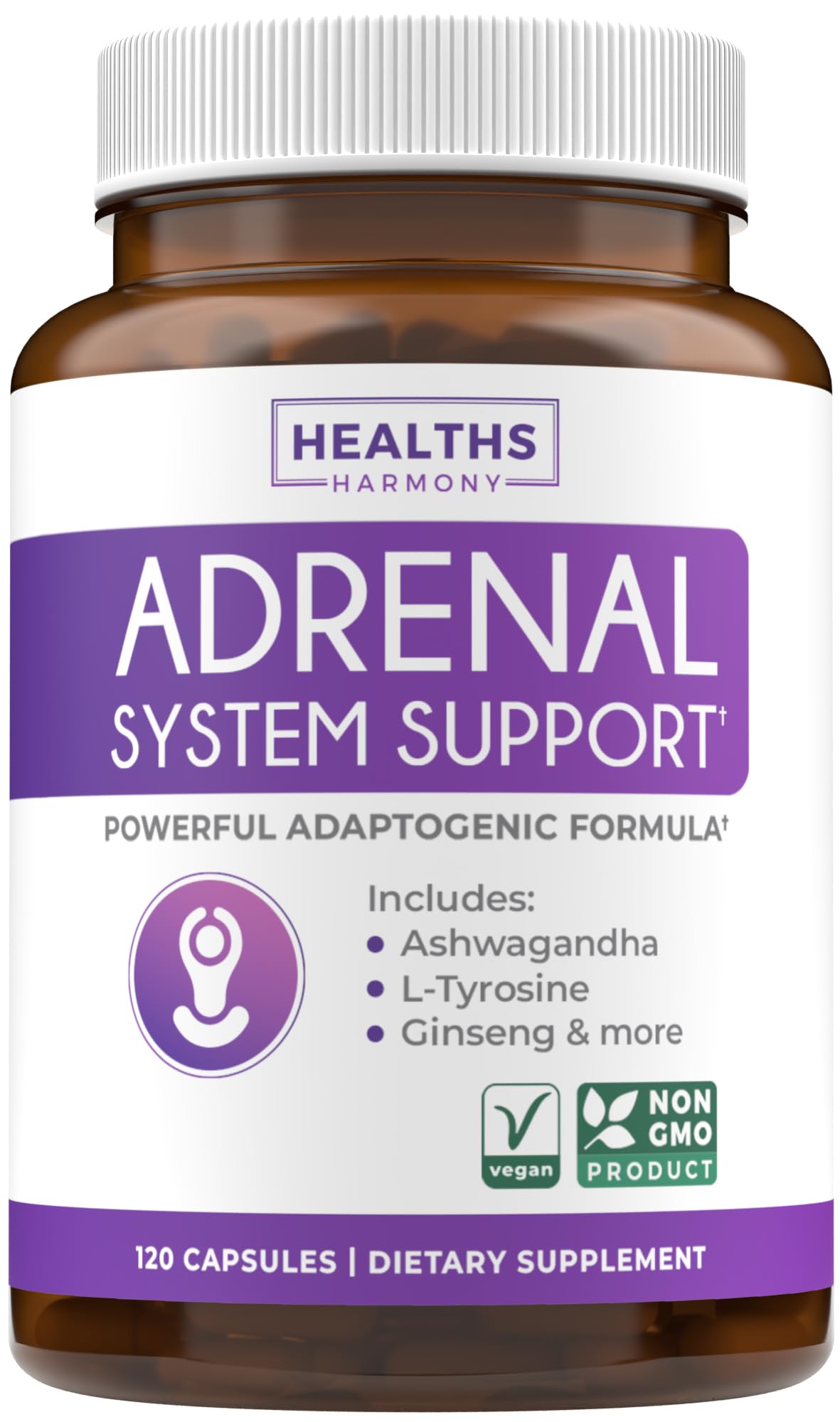 Healths Harmony Adrenal Support bottle with capsules for balanced cortisol and steady energy.