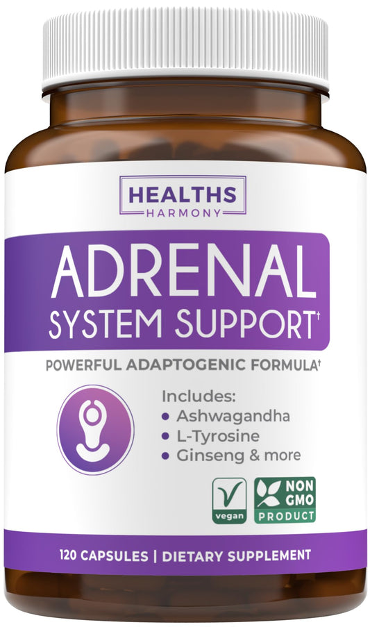 Healths Harmony Adrenal Support bottle with capsules for balanced cortisol and steady energy.