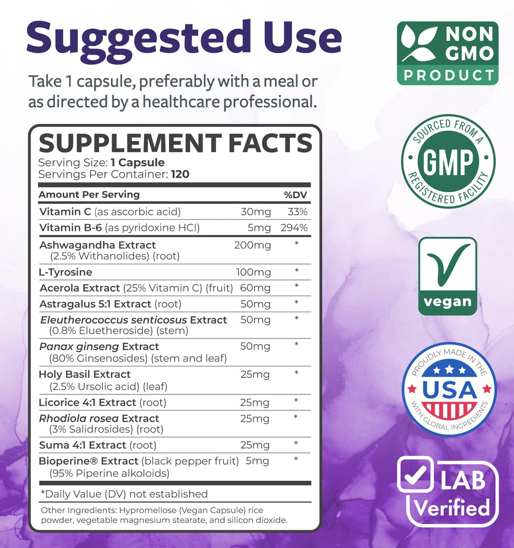 Healths Harmony Adrenal Support capsules with a glass of water beside.