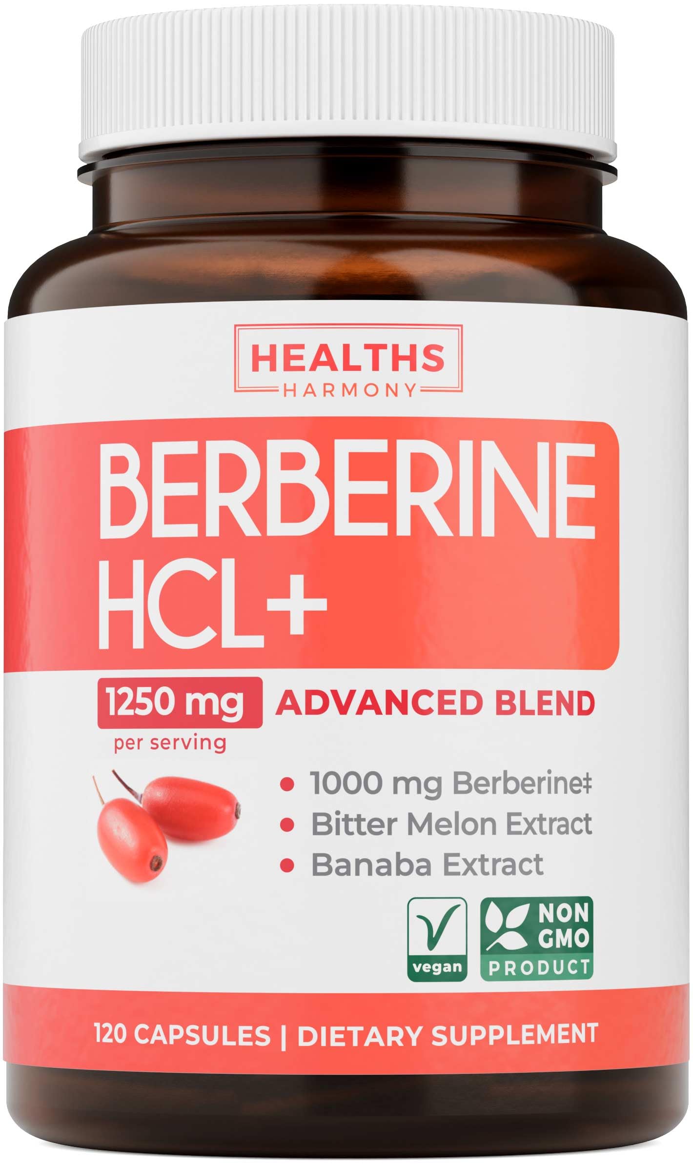 Healths Harmony Berberine bottle front displaying premium metabolic support formula