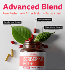 Close-up of Healths Harmony Berberine capsules highlighting vegetarian non-GMO packaging
