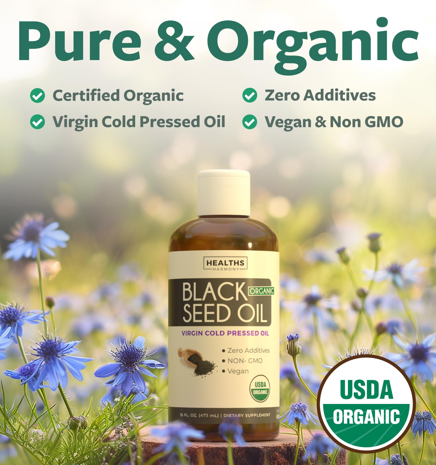 Healths Harmony black seed oil liquid bottle with dropper, showing easy dosing for daily use.