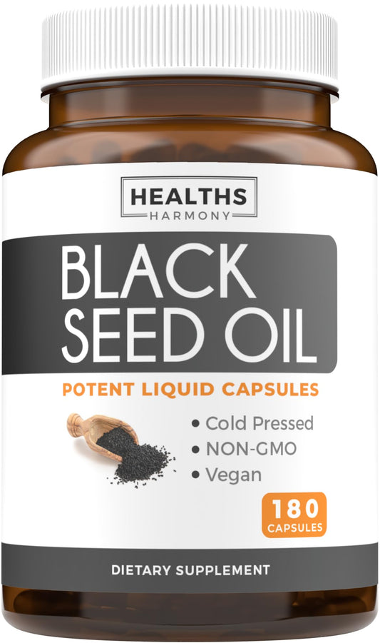Healths Harmony black seed oil softgel bottle highlights purity and ease of use for daily wellness.