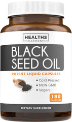 Healths Harmony black seed oil softgel bottle highlights purity and ease of use for daily wellness.