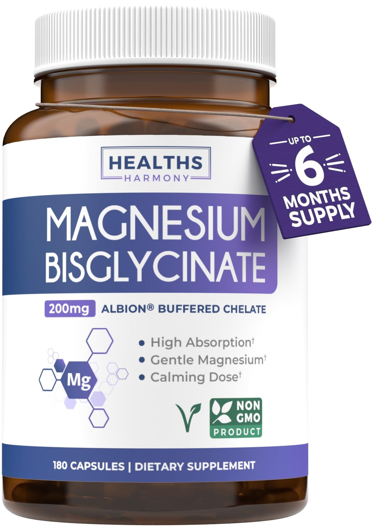 Healths Harmony magnesium bisglycinate capsules in a bottle for daily wellness.
