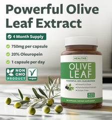 Healths Harmony olive leaf capsules back label shows vegan non-GMO formula for daily wellness