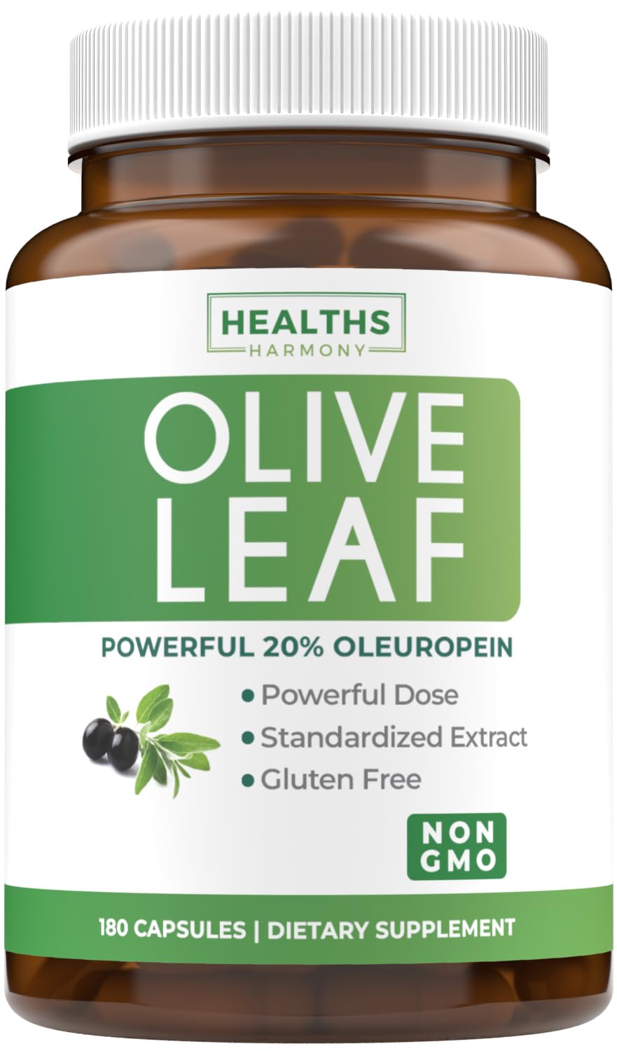 Healths Harmony olive leaf extract capsules in bottle suggesting daily immune support potential.