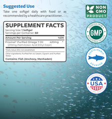 Healths Harmony Omega7 bottle label highlights Provinal purity and safety standards