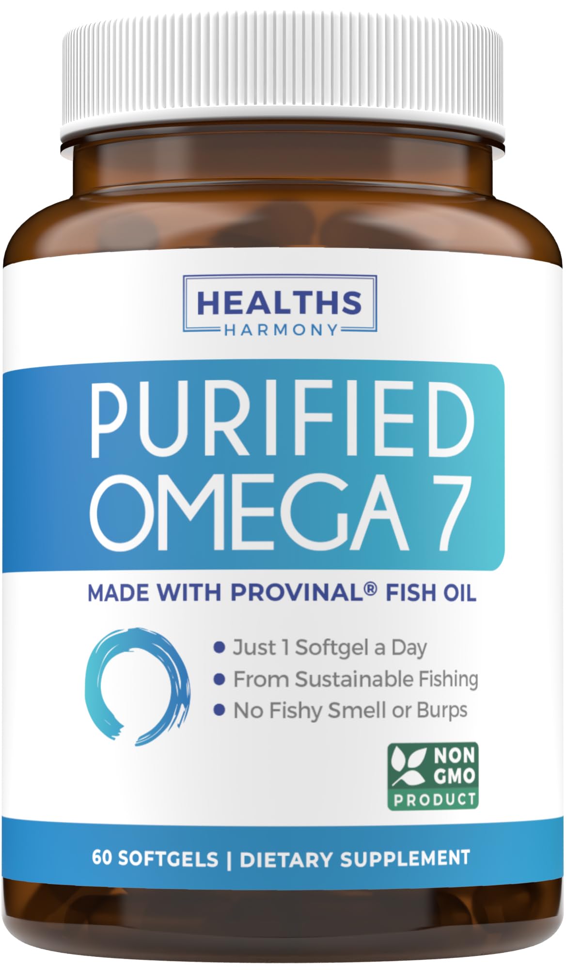 Healths Harmony Omega7 softgels bottle showcasing purified fish oil for daily wellbeing