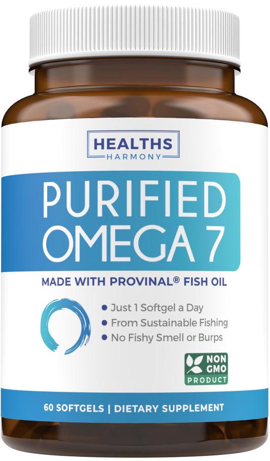 Healths Harmony Omega7 softgels bottle showcasing purified fish oil for daily wellbeing