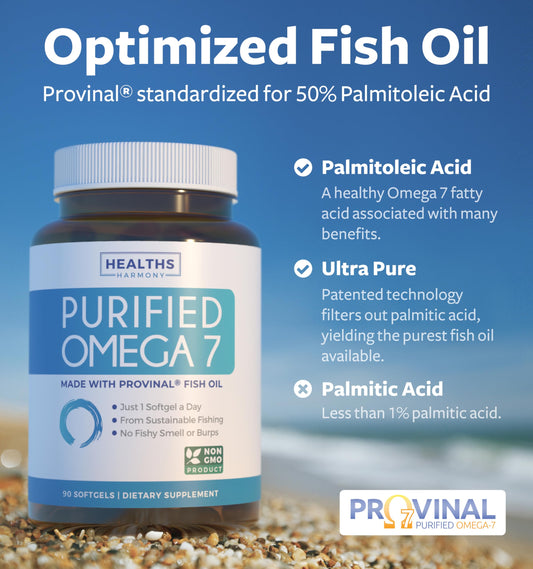 Healths Harmony purified Omega 7 oil pour highlights purity and potency.