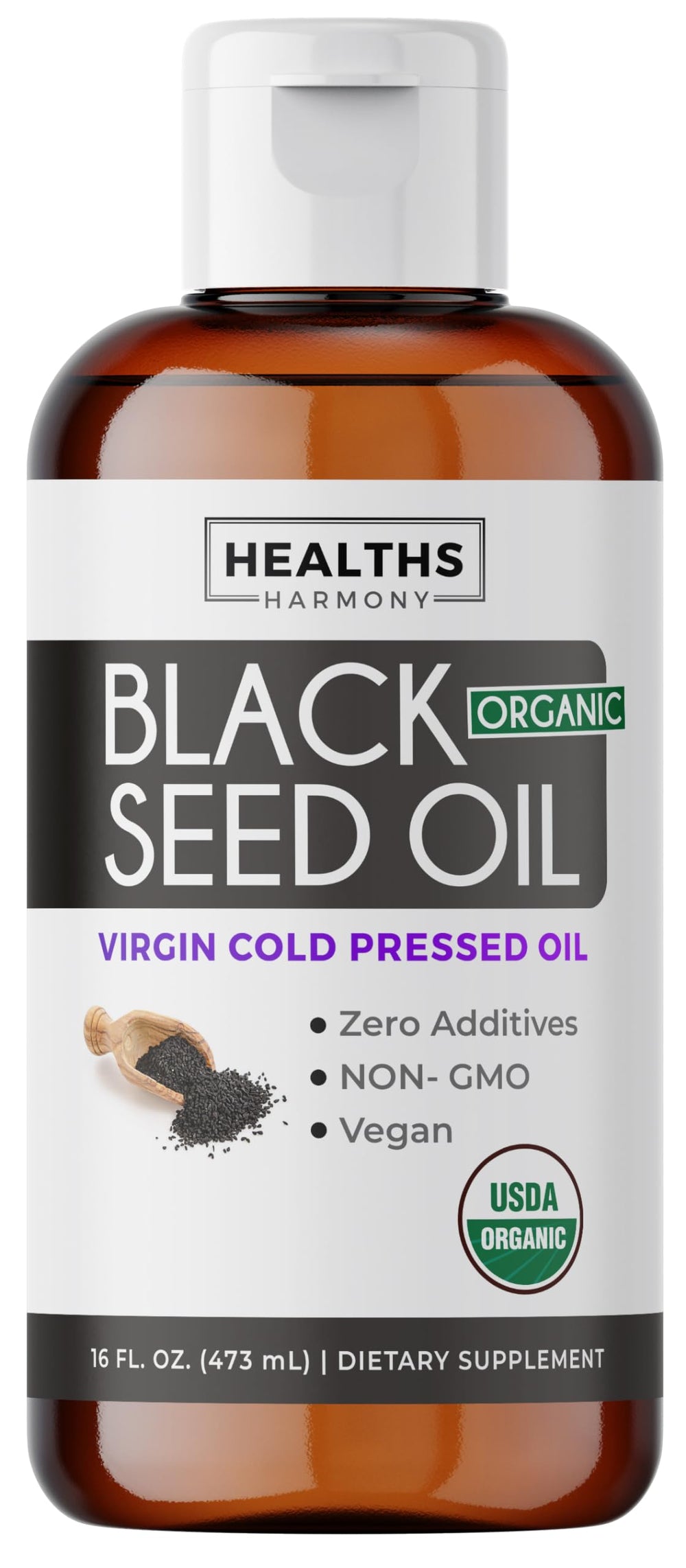 Healths Harmony USDA Organic Black Seed Oil bottle front label highlighting purity for daily antioxidant support.