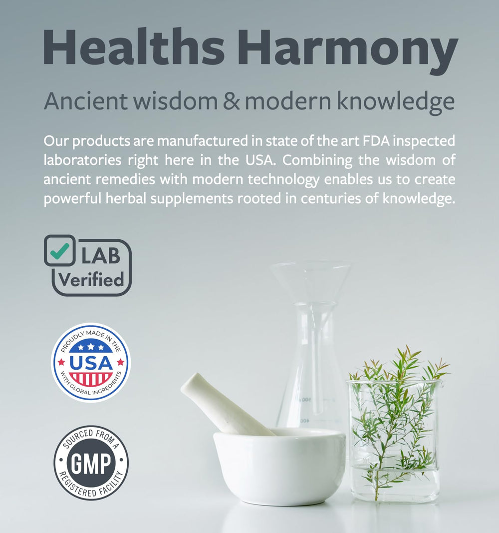Healths Harmony vegan non-GMO capsules displayed with plant imagery.