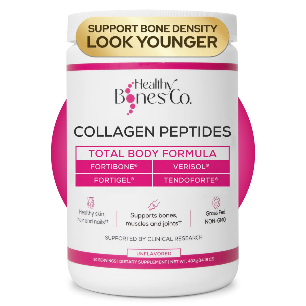 Healthy Bones Co. Fortibone bottle front for easy daily dosing and convenience.