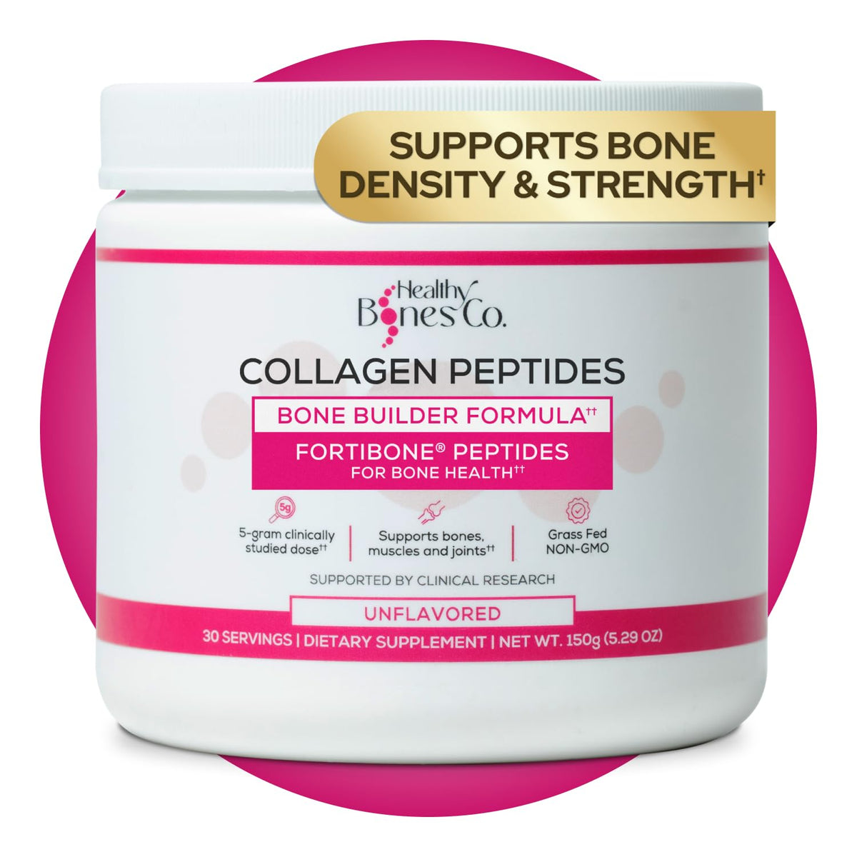 Healthy Bones Co Fortibone powder canister, easy daily use.