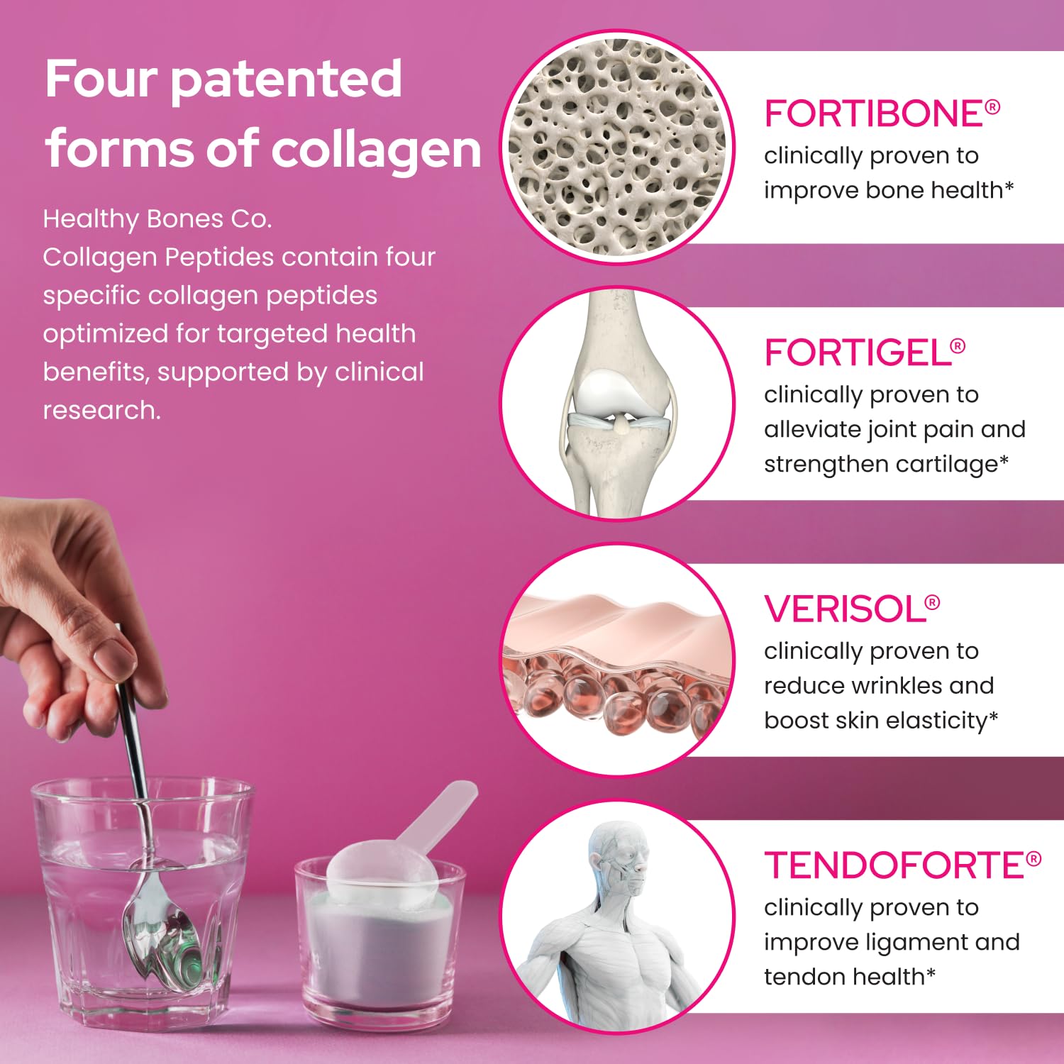 Healthy Bones Co. Fortibone powder texture close-up of hydrolyzed collagen.