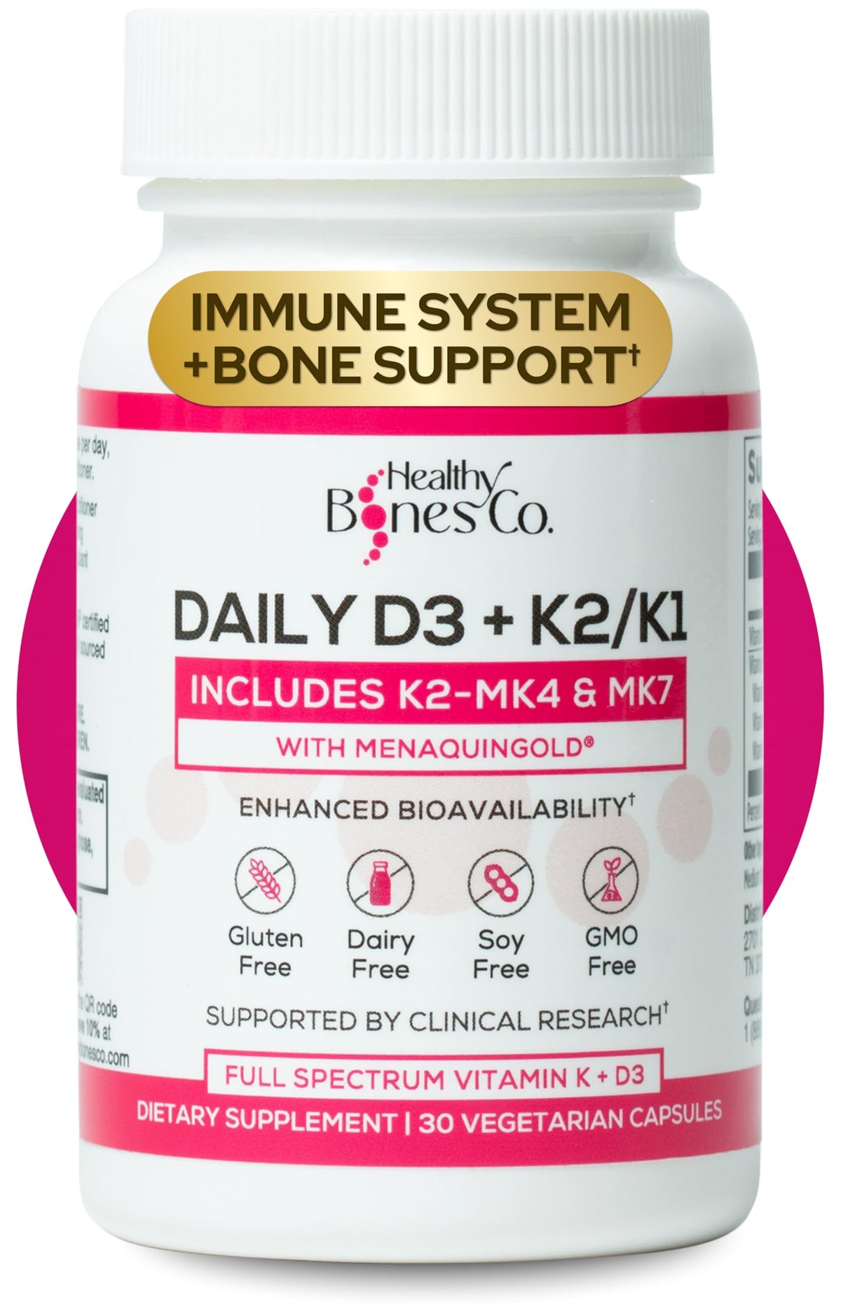 Healthy Bones Co Premium D3 K2 bottle-front showing bone support benefits