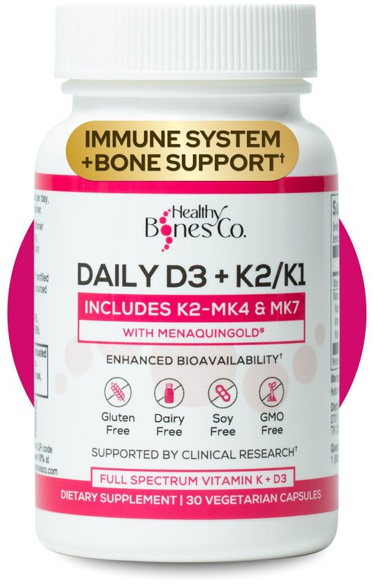 Healthy Bones Co Premium D3 K2 bottle-front showing bone support benefits
