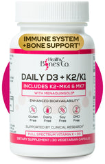 Healthy Bones Co Premium D3 K2 bottle-front showing bone support benefits